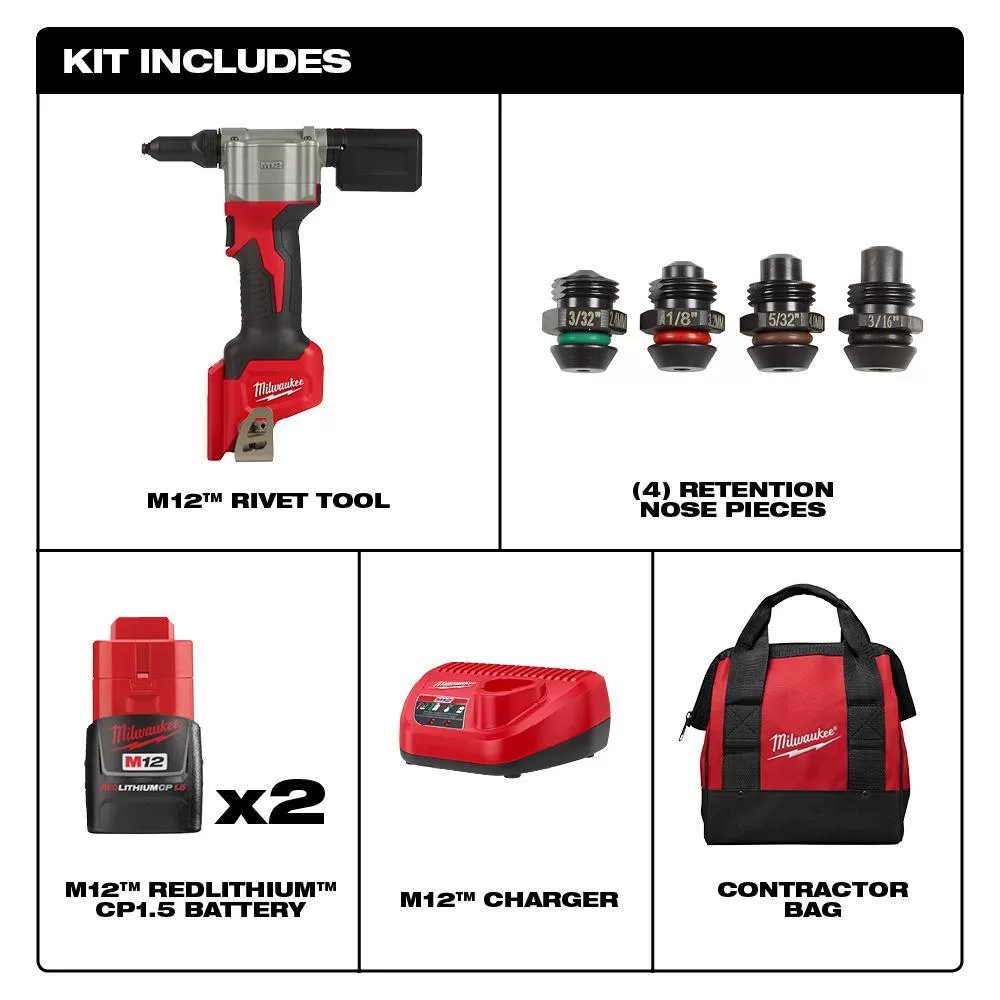 Milwaukee 2550-22-2475-20 M12 12-Volt Lithium-Ion Cordless Rivet Tool Kit W/M12 Compact Inflator