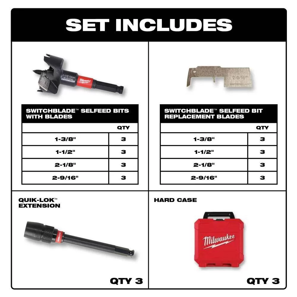 Milwaukee 49-22-5100-49-22-5100-49-22-5100 SWITCHBLADE Plumbers Selfeed Bits Set (15-Piece)