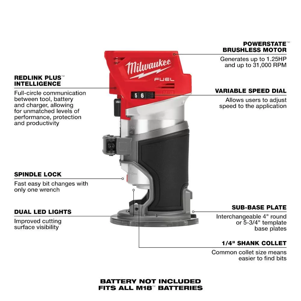 Milwaukee M18 FUEL 18V Lithium-Ion Brushless Cordless Compact Router w/Two 6.0 Ah Battery and Charger
