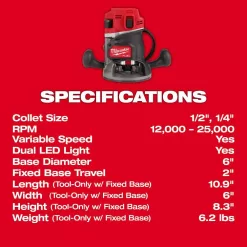 Milwaukee 2838-20 M18 FUEL 18V Lithium-Ion Cordless Brushless 1/2 in. Router (Tool-Only)