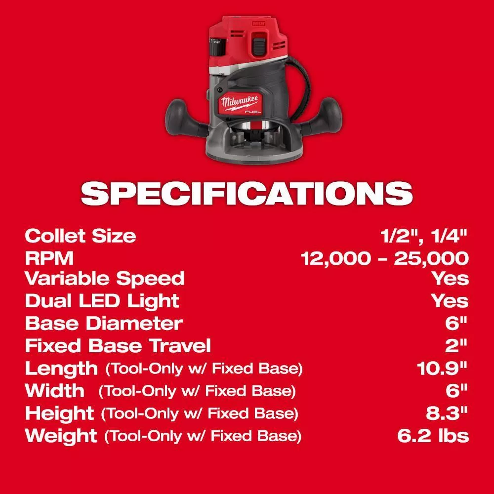 Milwaukee 2838-20 M18 FUEL 18V Lithium-Ion Cordless Brushless 1/2 in. Router (Tool-Only)
