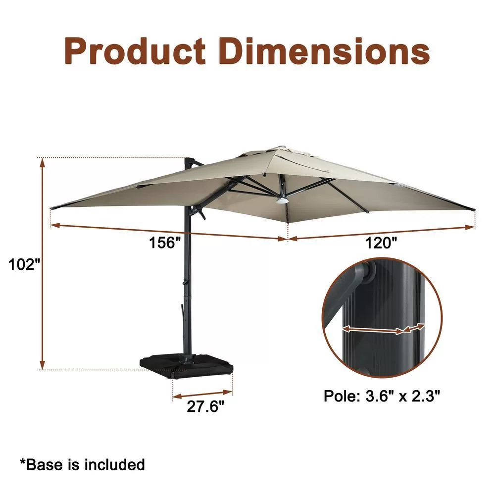 Mondawe 10 ft. x 13ft. Aluminum Cantilever Outdoor Patio Umbrella Bluetooth Atmosphere Light 360-Degree Rotationin Taupe w/Base