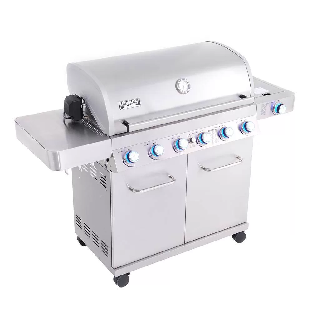 Monument Grills 77352 6-Burner Propane Gas Grill in Stainless with LED Controls, Side Burner and Rotisserie Kit