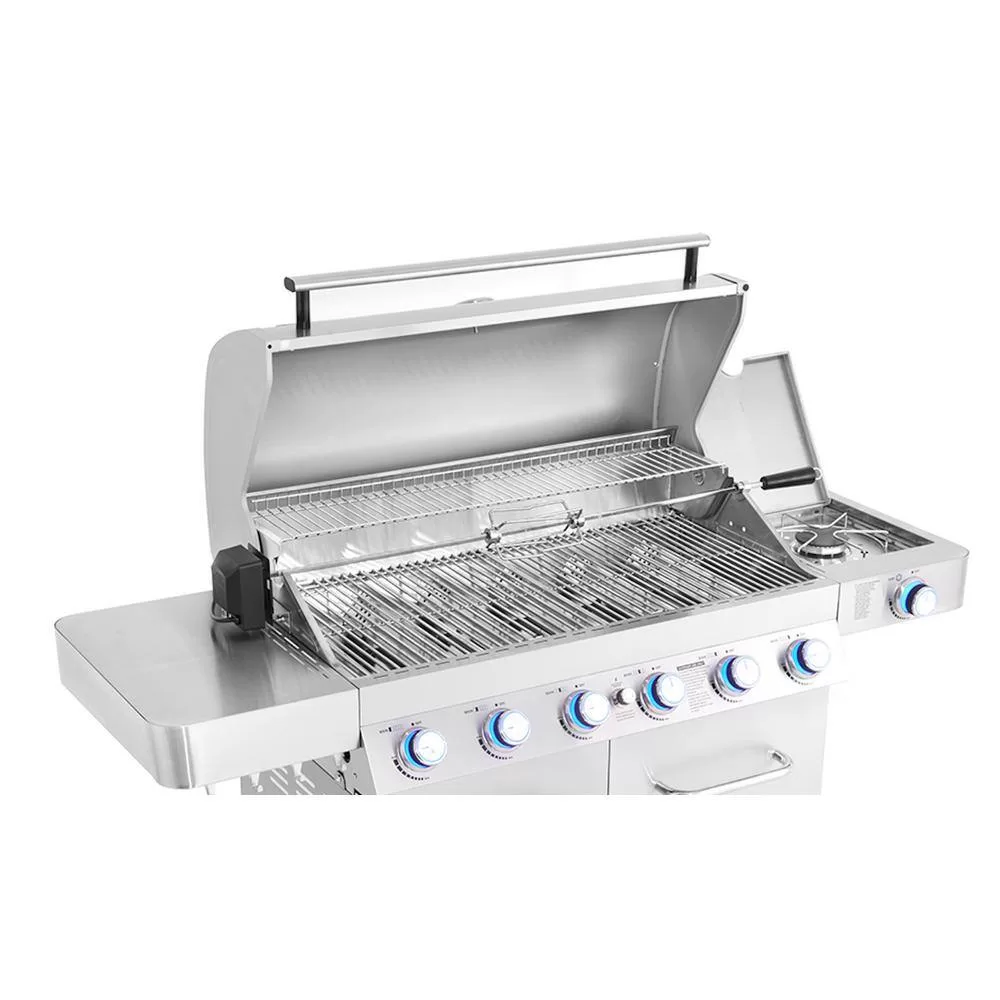 Monument Grills 77352 6-Burner Propane Gas Grill in Stainless with LED Controls, Side Burner and Rotisserie Kit