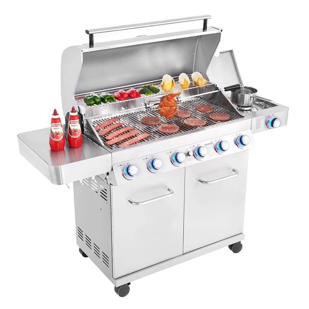 Monument Grills 77352 6-Burner Propane Gas Grill in Stainless with LED Controls, Side Burner and Rotisserie Kit