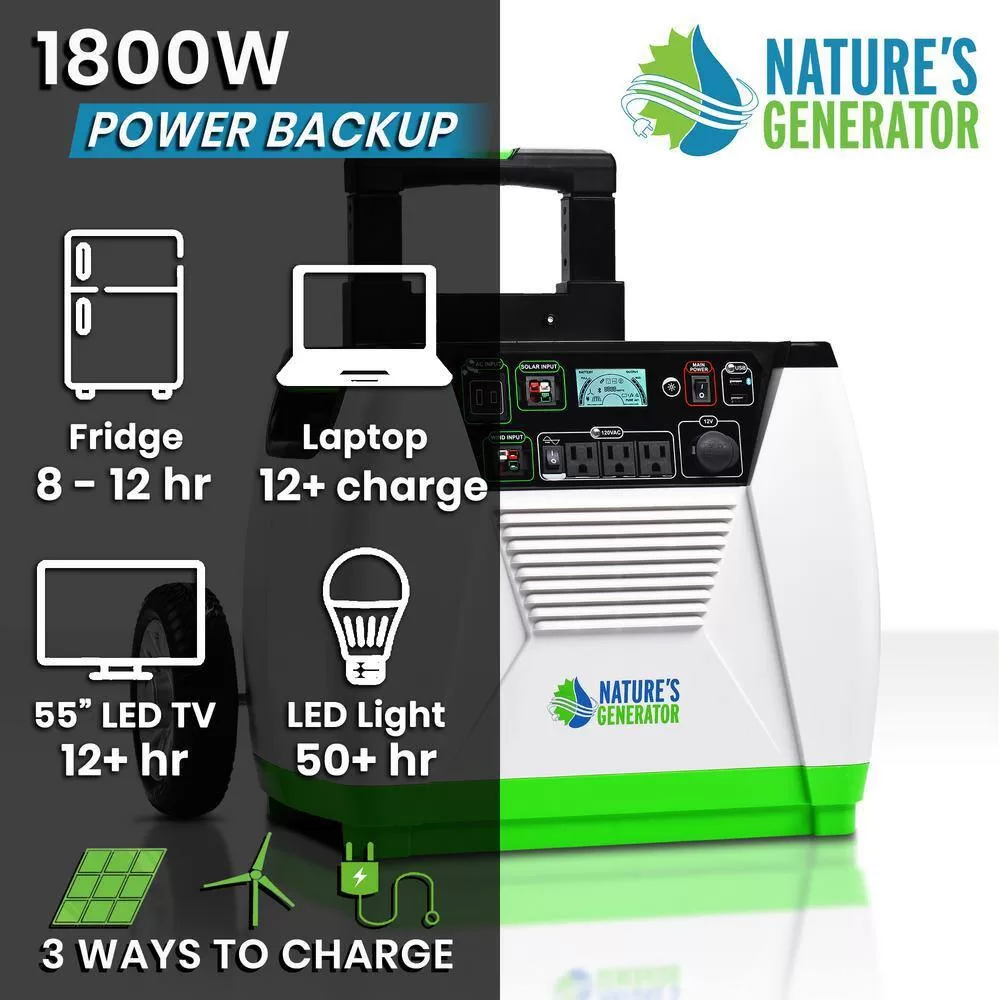 NATURE'S GENERATOR HKNGGN 1800-Watt/2880W Peak Push Button Start Solar Powered Portable Generator with Cart