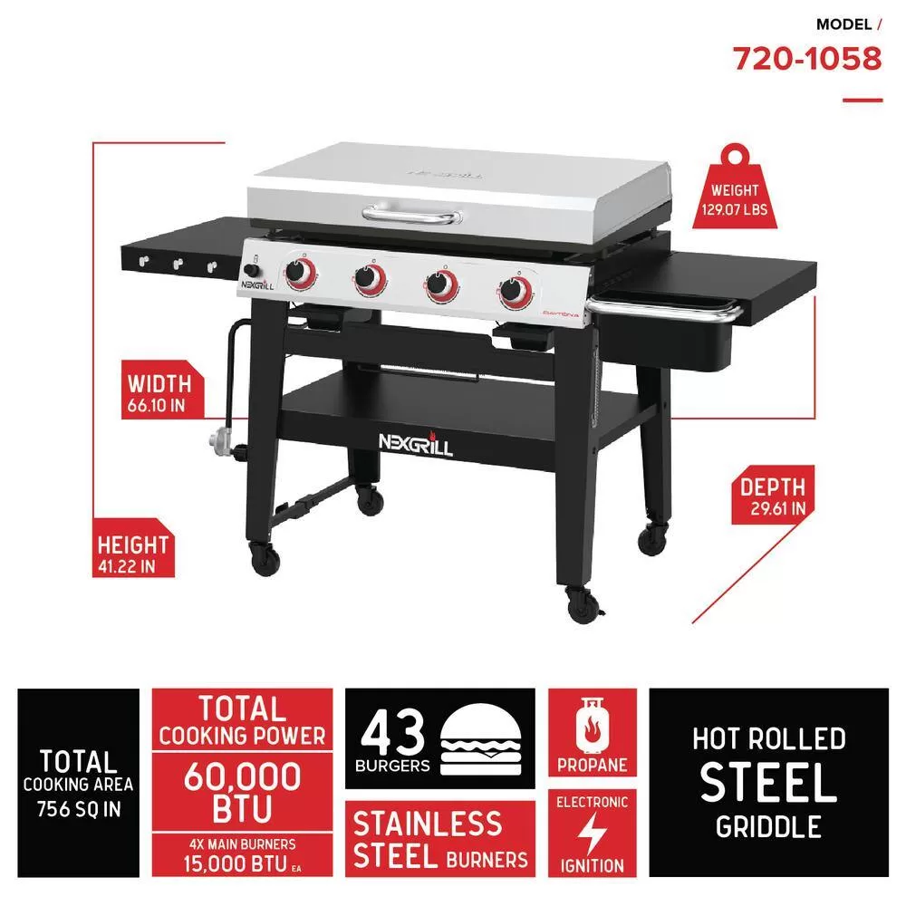 Nexgrill 720-1058 Daytona 4-Burner Propane Gas Grill 36 in. Flat Top Griddle in Black with Stainless Steel Lid