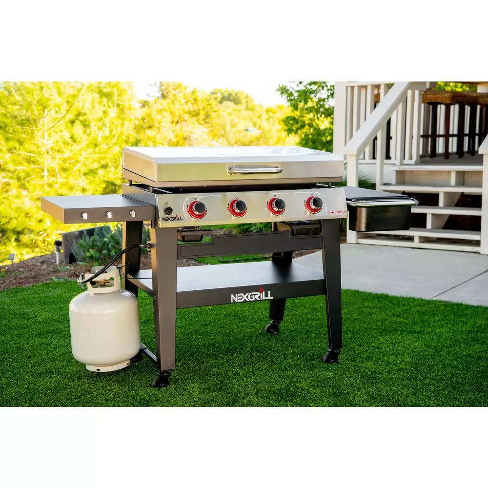 Nexgrill 720-1058 Daytona 4-Burner Propane Gas Grill 36 in. Flat Top Griddle in Black with Stainless Steel Lid
