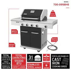 Nexgrill 730-0958HE Deluxe 4-Burner Natural Gas Grill in Black with Ceramic Searing Side Burner and Gourmet Plus Cooking System