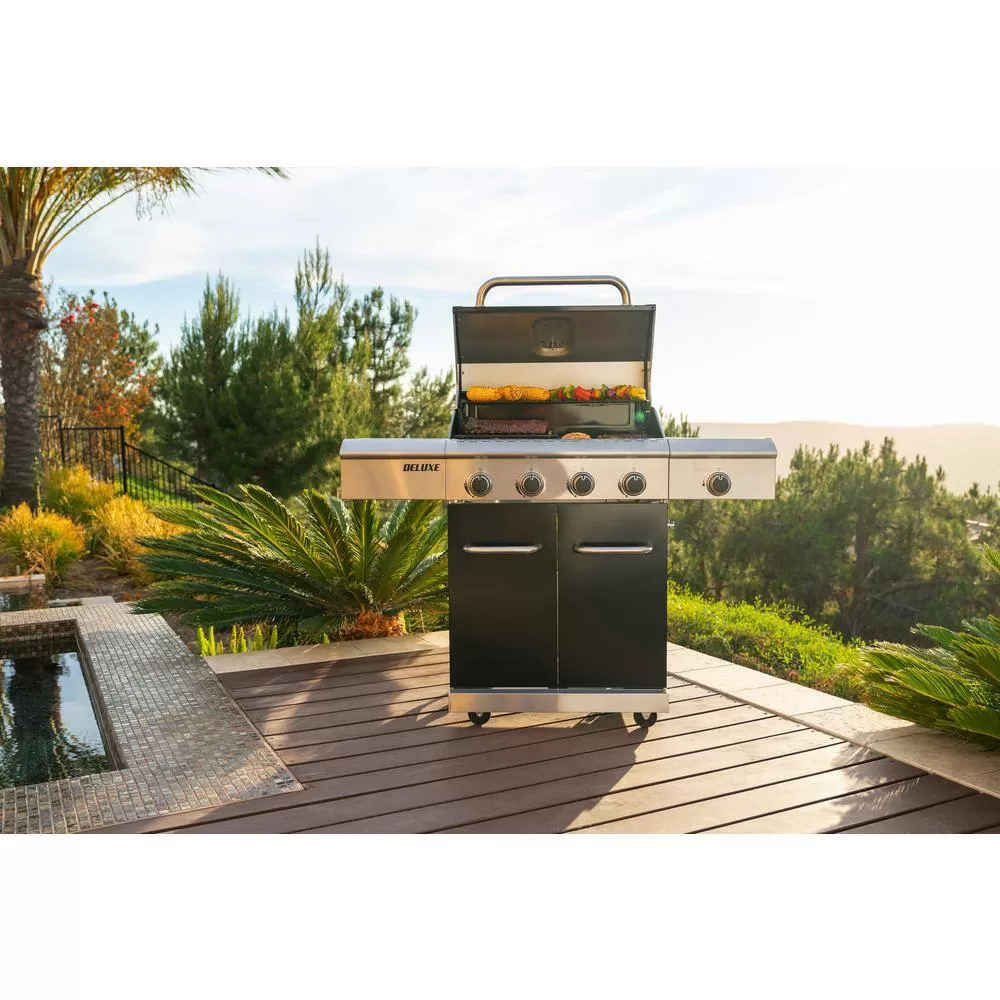 Nexgrill 730-0958HE Deluxe 4-Burner Natural Gas Grill in Black with Ceramic Searing Side Burner and Gourmet Plus Cooking System
