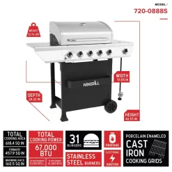 Nexgrill 300-0059 5-Burner Propane Gas Grill in Stainless Steel with Side Burner and Condiment Rack with Cover