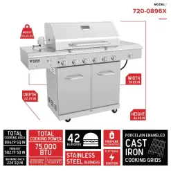Nexgrill 300-0062 6-Burner Propane Gas Grill in Stainless Steel with Ceramic Searing Side Burner and Rotisserie Kit with Cover