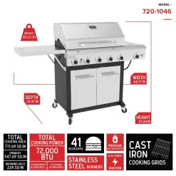 Nexgrill 720-1046 5-Burner Propane Gas Grill in Stainless Steel with Side Burner and Foldable Side Shelf