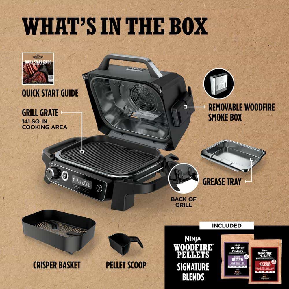 NINJA OG701 Woodfire Outdoor Grill & Smoker, 7-in-1 Master Grill, BBQ Smoker and Air Fryer in Gray