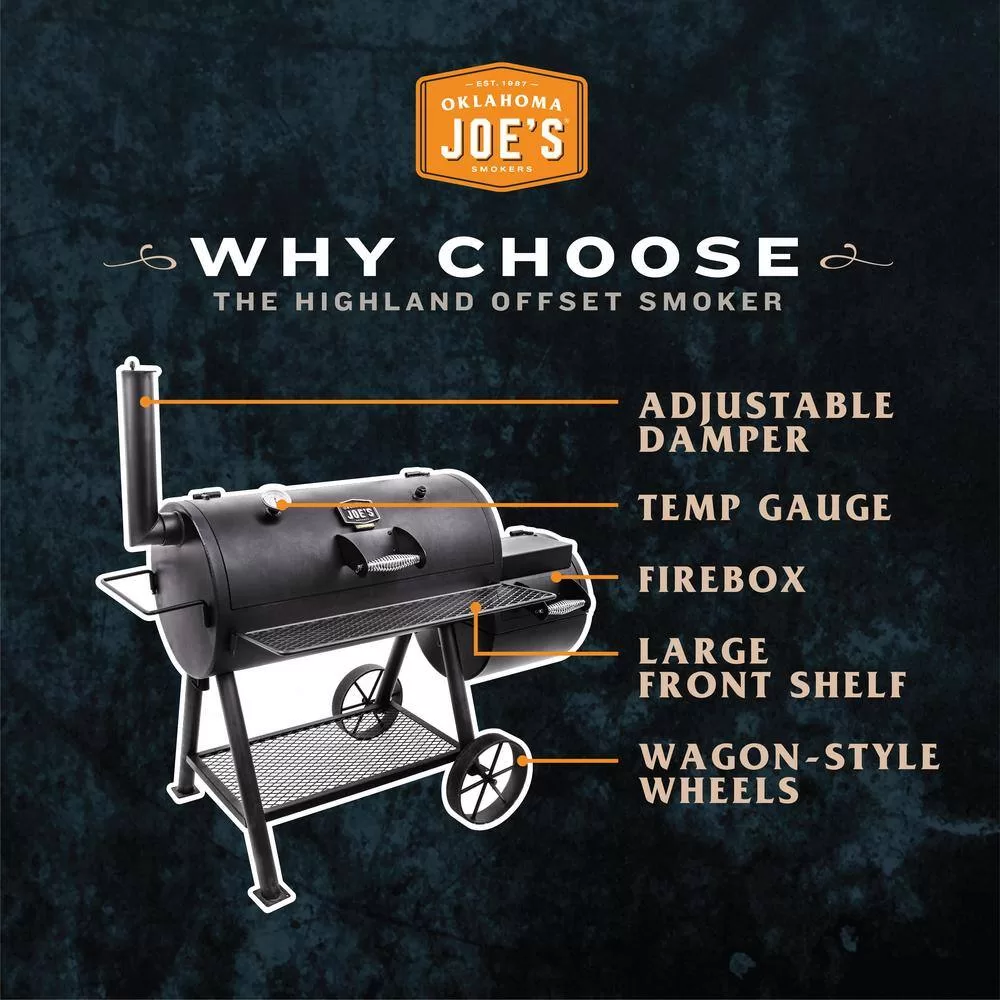 OKLAHOMA JOE'S 15202031 Highland Offset Charcoal Smoker and Grill in Black with 900 sq. in. Cooking Space