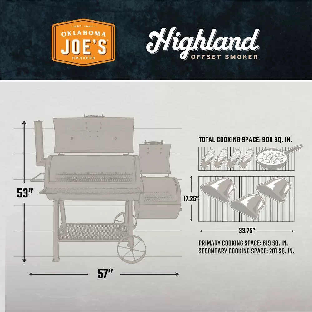 OKLAHOMA JOE'S 15202031 Highland Offset Charcoal Smoker and Grill in Black with 900 sq. in. Cooking Space