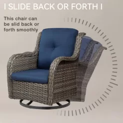 JOYSIDE 3-Piece Wicker Patio Swivel Outdoor Rocking Chair Set with Blue Cushions and Table