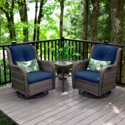 JOYSIDE 3-Piece Wicker Patio Swivel Outdoor Rocking Chair Set with Blue Cushions and Table