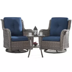 JOYSIDE 3-Piece Wicker Patio Swivel Outdoor Rocking Chair Set with Blue Cushions and Table