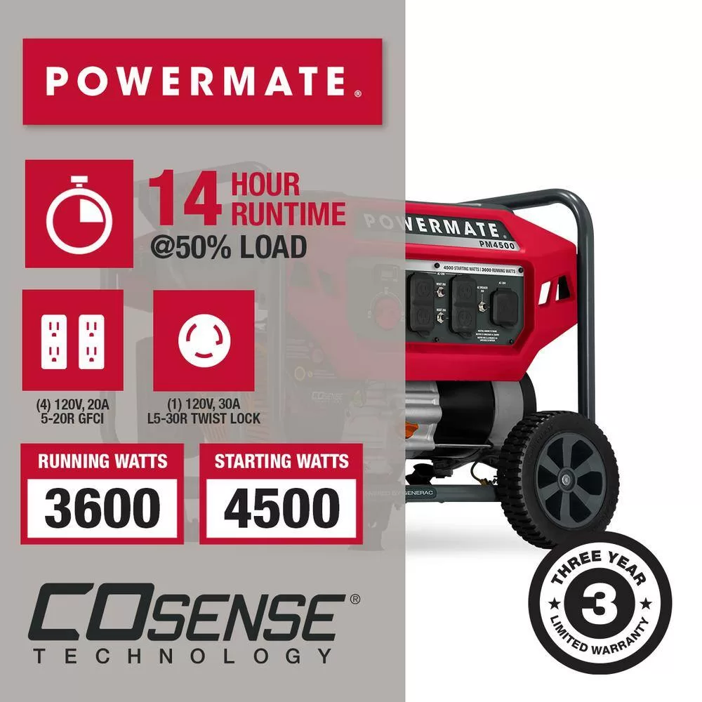Powermate P0080201 PM4500 3600-Watt Manual Start Gas-Powered Portable Generator with CO-Sense, 49-ST/CSA