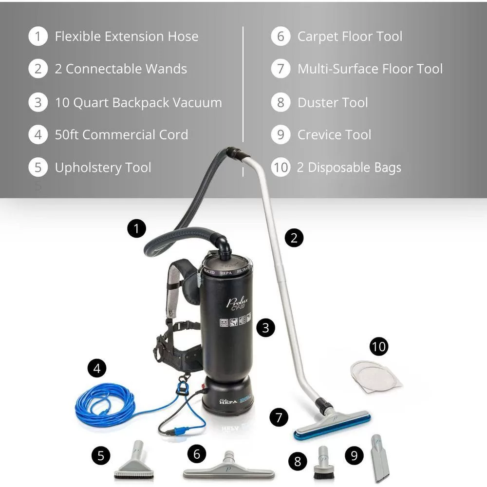Prolux 19pl10qt 10 Qt. Commercial Backpack Vacuum Cleaner with 2-Year Warranty