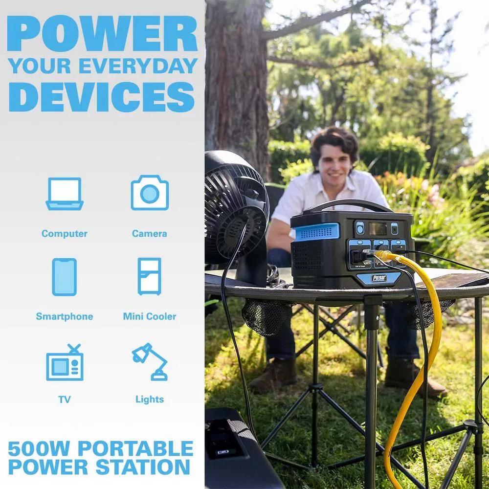 Pulsar PPS500 500-Watt Quiet Portable Power Station with Push Button Start Battery Generator for Outdoors, Home, and Solar Charging