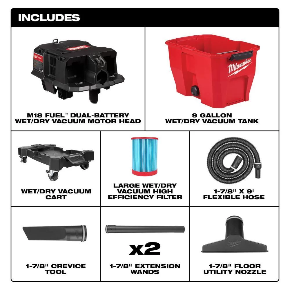 Milwaukee M18 FUEL 9 Gal. Cordless Dual-Battery Wet/Dry Shop Vacuum w/AIR-TIP 1-1/4 in. - 2-1/2 in. Brush, Crevice and Nozzle Kit