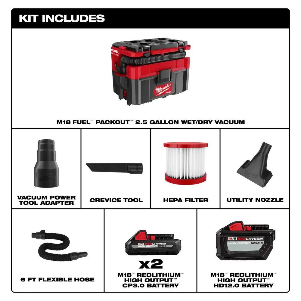 Milwaukee M18 FUEL PACKOUT 18-Volt Lithium-Ion Cordless 2.5 Gal. Wet/Dry Vacuum w/M18 High Output 12.0Ah and (2) 3.0Ah Batteries