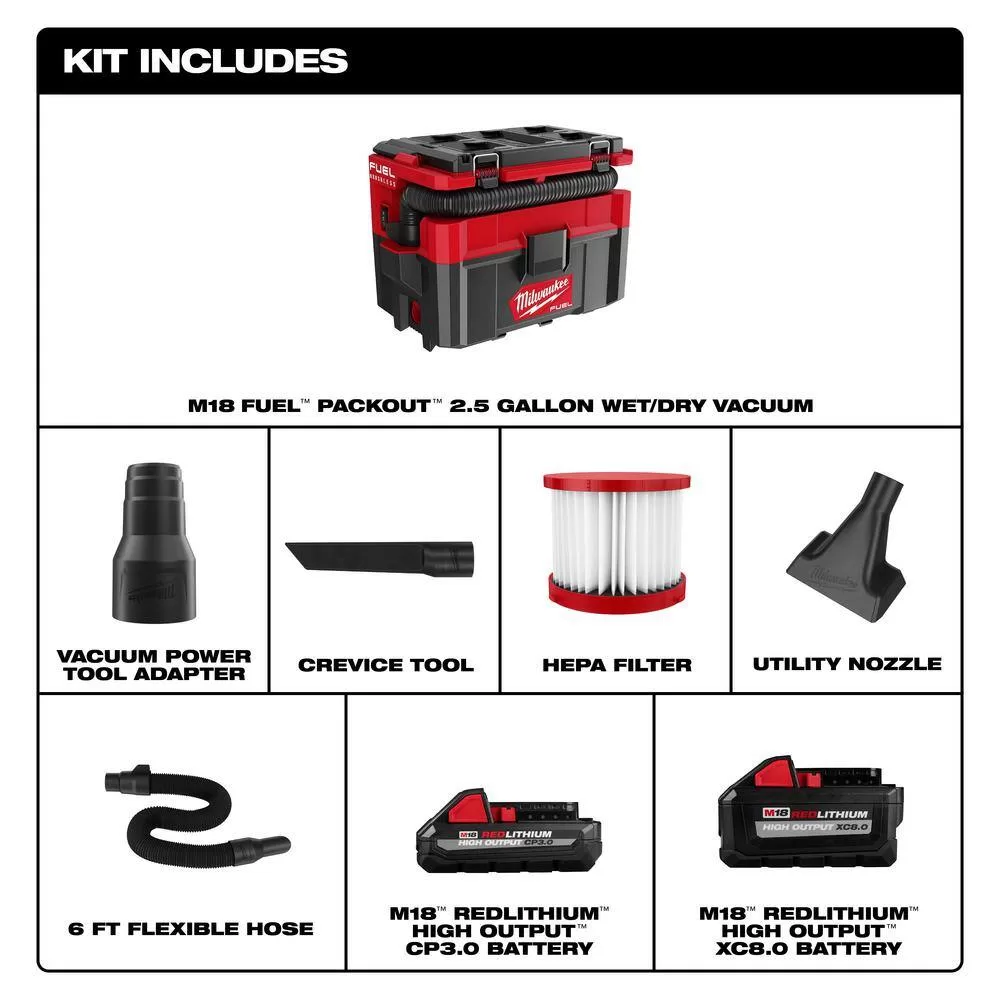 Milwaukee M18 FUEL PACKOUT 18-Volt Lithium-Ion Cordless 2.5 Gal. Wet/Dry Vacuum with M18 HIGH OUTPUT XC 8.0 Ah and 3 Ah Batteries
