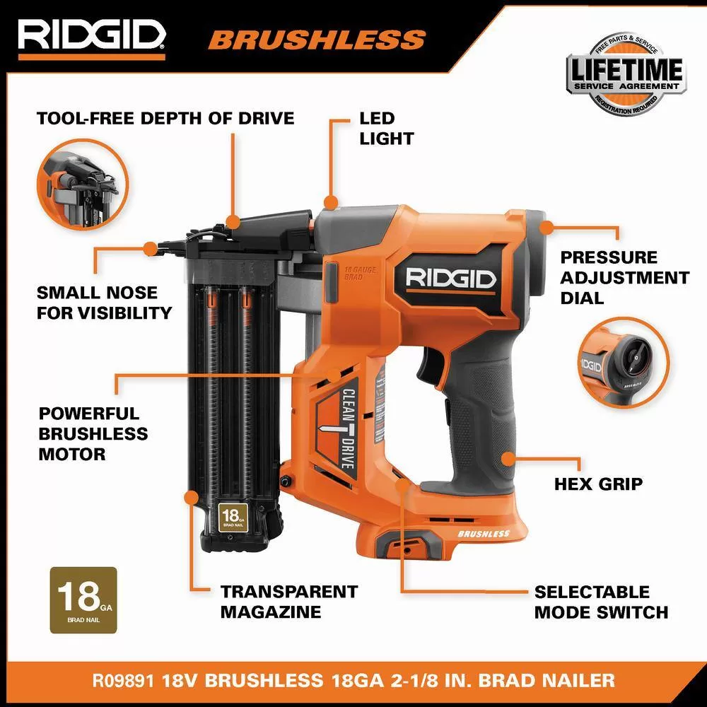 RIDGID R09891B-AC87004 18V Brushless Cordless 18-Gauge 2-1/8 in. Brad Nailer with 4.0 Ah Lithium-Ion Battery