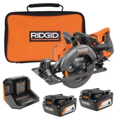RIDGID R8658B-AC93044SBN 18V Brushless Cordless 7-1/4 in. Rear Handle Circular Saw with (2) 4.0 Ah Batteries, Charger, and Bag