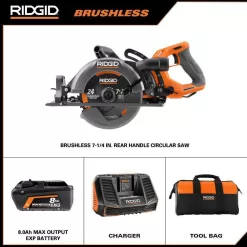 RIDGID R8658K-AC840040 18V Brushless Cordless 7-1/4 in. Rear Handle Circular Saw Kit w/ Battery, Charger, Bag, & FREE 4.0 Ah MAX Output Battery