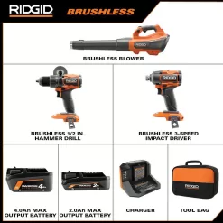 RIDGID R01601B-R9209 18V Brushless Cordless 510 CFM 110 MPH Blower with 2-Tool Combo Kit, (2) Batteries and Charger