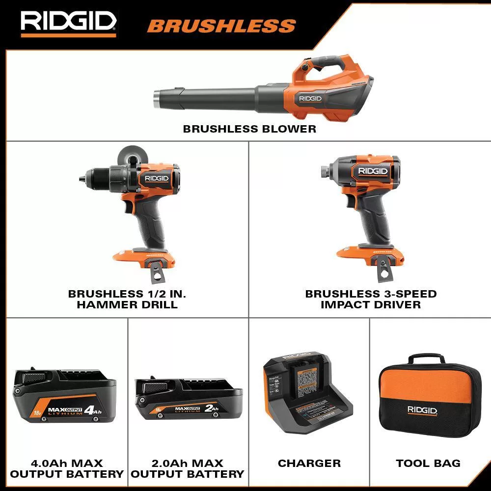 RIDGID R01601B-R9209 18V Brushless Cordless 510 CFM 110 MPH Blower with 2-Tool Combo Kit, (2) Batteries and Charger