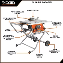 RIDGID R4514-R4222-AC9960 15 Amp 10 in. Portable Corded Pro Jobsite Table Saw with Stand, 12 in. Dual Bevel Sliding Miter Saw, & Compact Stand