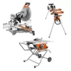 RIDGID R4514-R4222-AC9960 15 Amp 10 in. Portable Corded Pro Jobsite Table Saw with Stand, 12 in. Dual Bevel Sliding Miter Saw, & Compact Stand