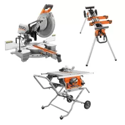 RIDGID R4514-R4222-AC9960 15 Amp 10 in. Portable Corded Pro Jobsite Table Saw with Stand, 12 in. Dual Bevel Sliding Miter Saw, & Compact Stand