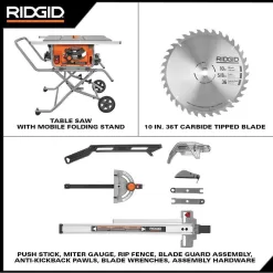 RIDGID R4514-R4222-AC9960 15 Amp 10 in. Portable Corded Pro Jobsite Table Saw with Stand, 12 in. Dual Bevel Sliding Miter Saw, & Compact Stand