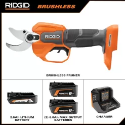 RIDGID R01301KVNM-AC840060PN 18V Brushless Pruner Kit with 2.0 Ah Battery, Charger, and 6.0 Ah MAX Output Lithium-Ion Batteries (2-Pack)