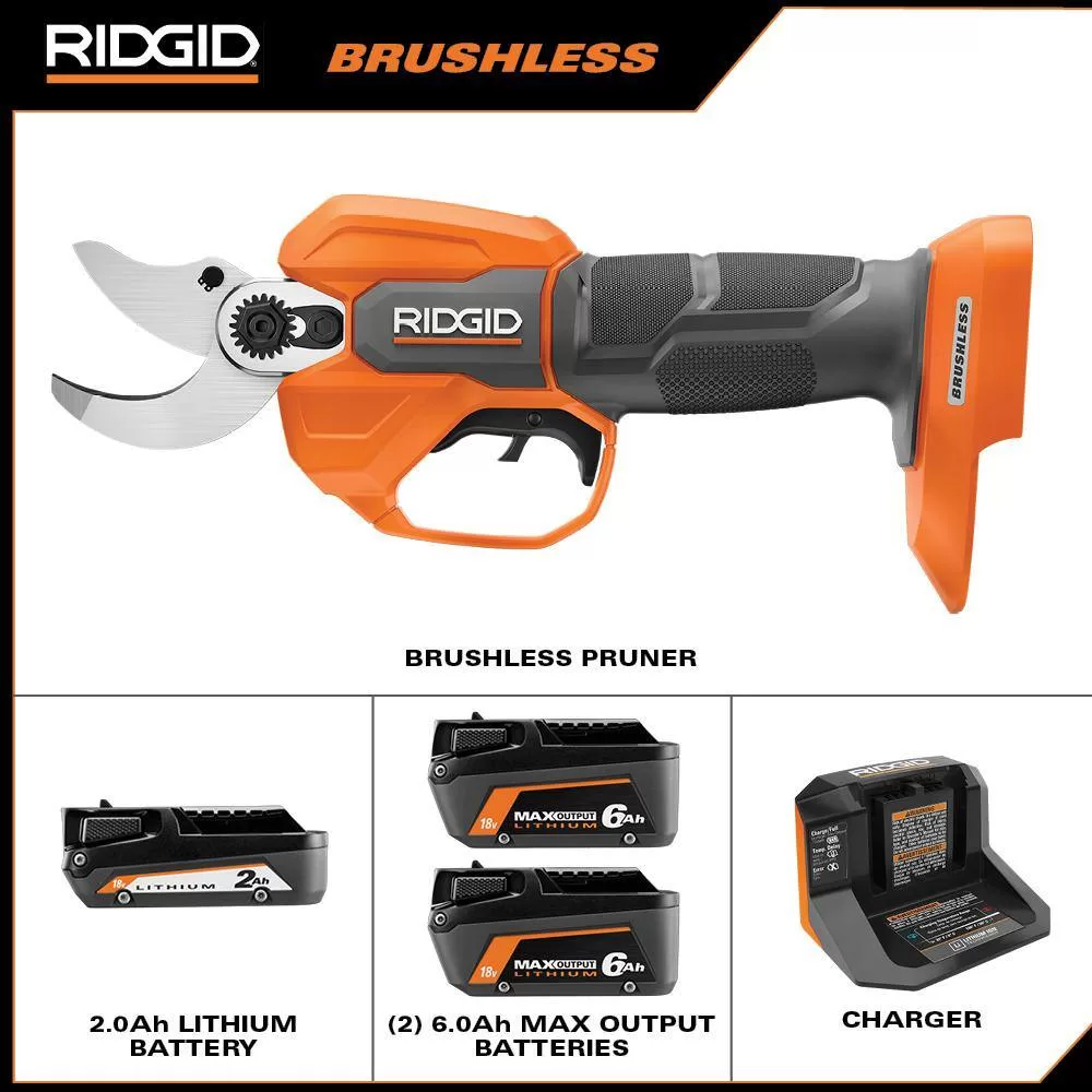 RIDGID R01301KVNM-AC840060PN 18V Brushless Pruner Kit with 2.0 Ah Battery, Charger, and 6.0 Ah MAX Output Lithium-Ion Batteries (2-Pack)