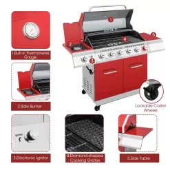 Royal Gourmet GA6402R 6-Burner BBQ Liquid Propane Gas Grill with Sear Burner and Side Burner in Red