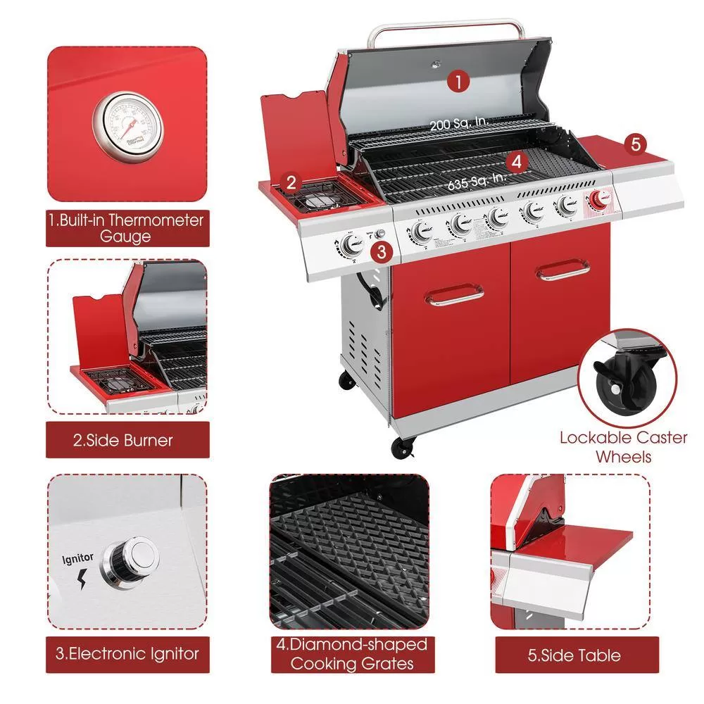 Royal Gourmet GA6402R 6-Burner BBQ Liquid Propane Gas Grill with Sear Burner and Side Burner in Red