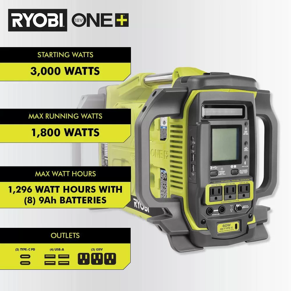 RYOBI RYI818BT ONE+ 1800-Watt Power Station Battery Inverter Push Button Battery Generator/8-Port Charger (Tool-Only)