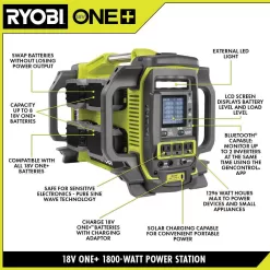 RYOBI RYI818BT ONE+ 1800-Watt Power Station Battery Inverter Push Button Battery Generator/8-Port Charger (Tool-Only)