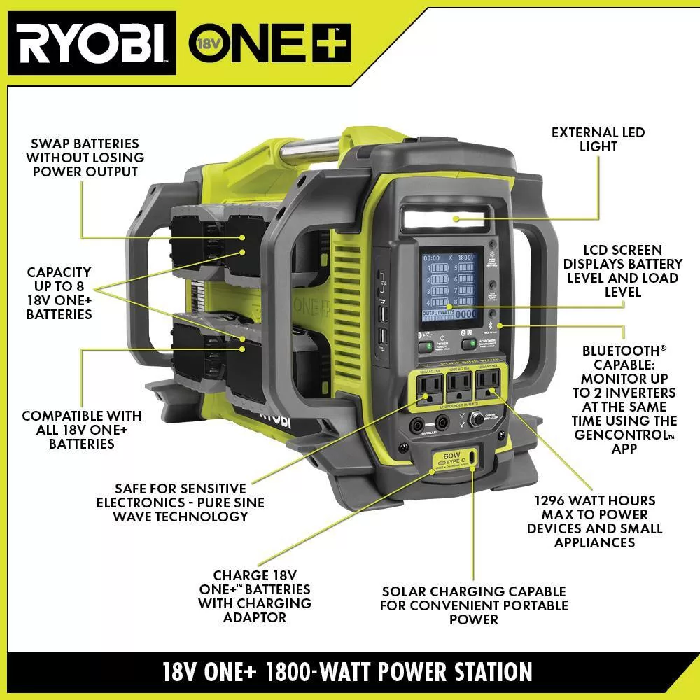 RYOBI RYI818BT ONE+ 1800-Watt Power Station Battery Inverter Push Button Battery Generator/8-Port Charger (Tool-Only)