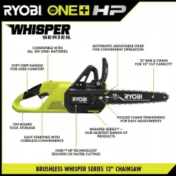 RYOBI P2570-PS ONE+ HP 18V Brushless Whisper Series Battery 12 in. Chainsaw and 8 in. Pole Saw with 6.0 Ah Battery and Charger