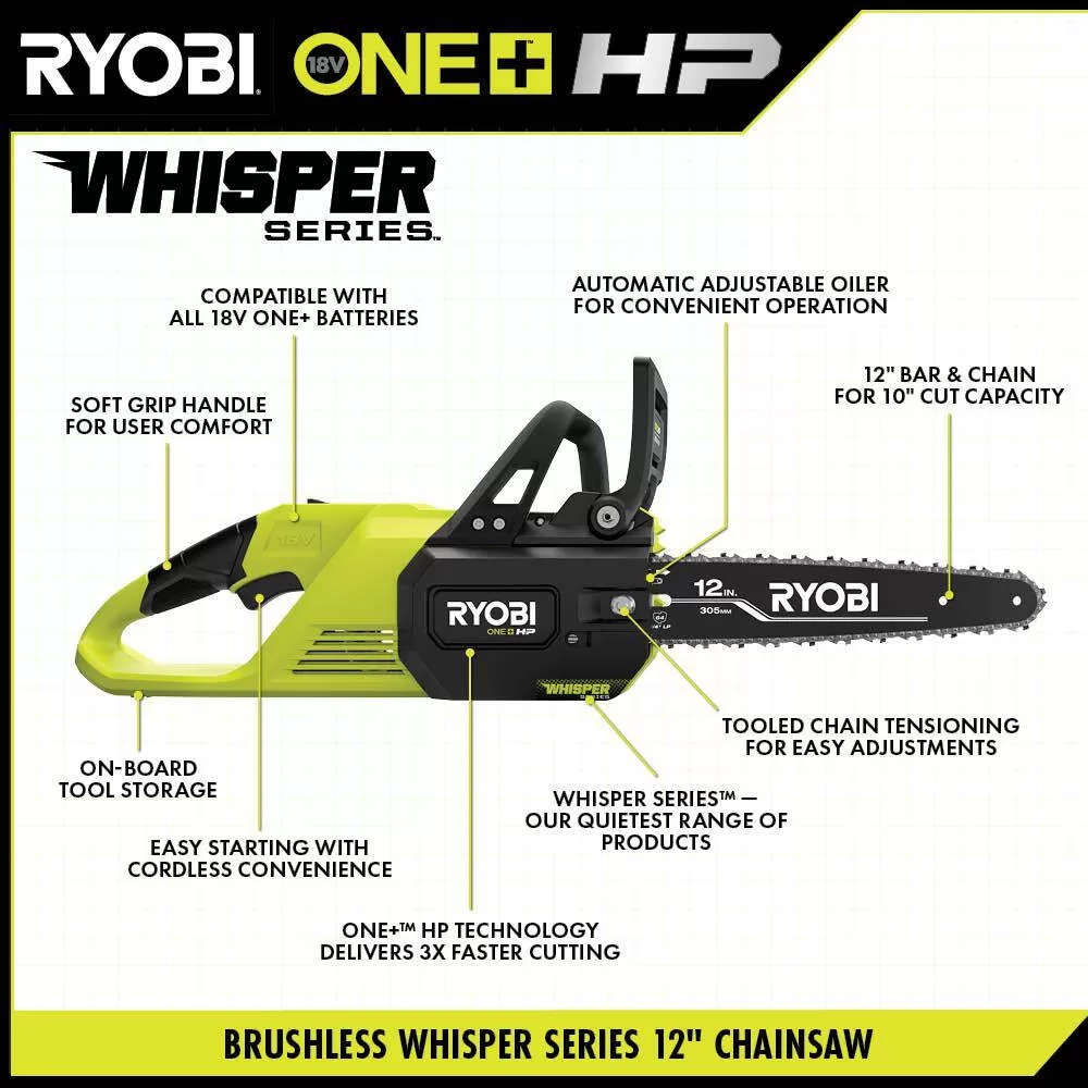 RYOBI P2570-PS ONE+ HP 18V Brushless Whisper Series Battery 12 in. Chainsaw and 8 in. Pole Saw with 6.0 Ah Battery and Charger