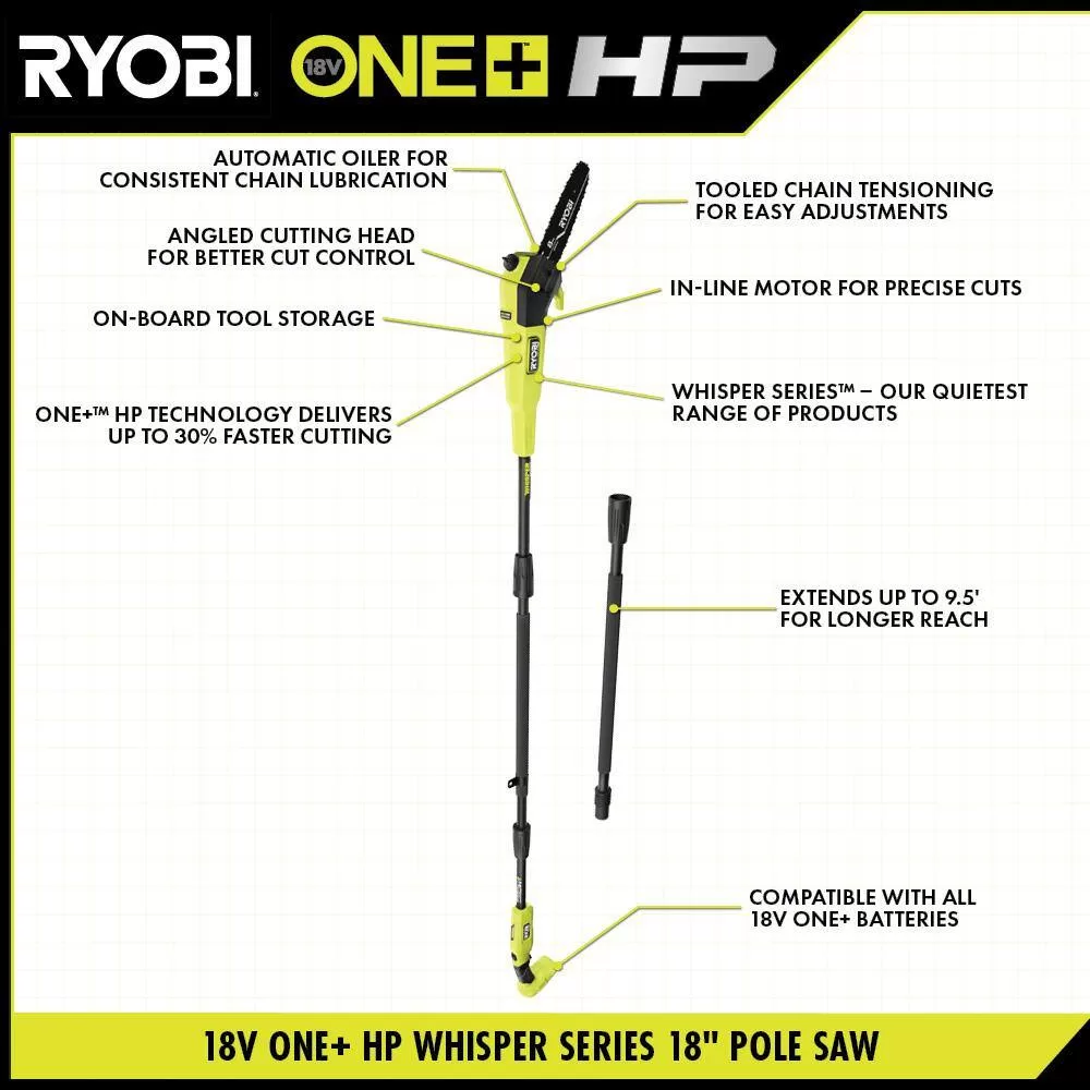 RYOBI P2570-PS ONE+ HP 18V Brushless Whisper Series Battery 12 in. Chainsaw and 8 in. Pole Saw with 6.0 Ah Battery and Charger