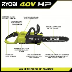 RYOBI RY405100-2B 40V HP Brushless 14 in. Battery Chainsaw with (2) 4.0 Ah Batteries and Charger