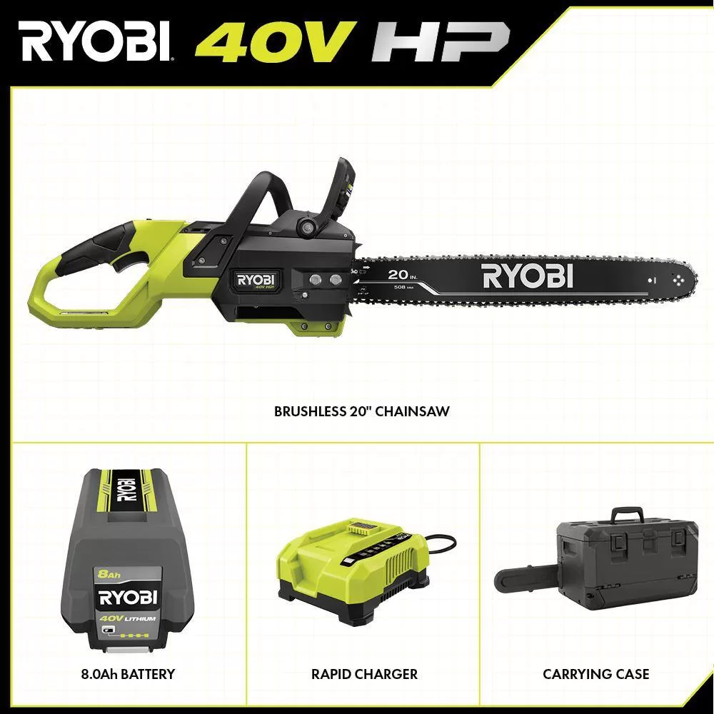 RYOBI RY405110 40V HP Brushless 20 in. Battery Chainsaw with 8.0 Ah Battery and Rapid Charger
